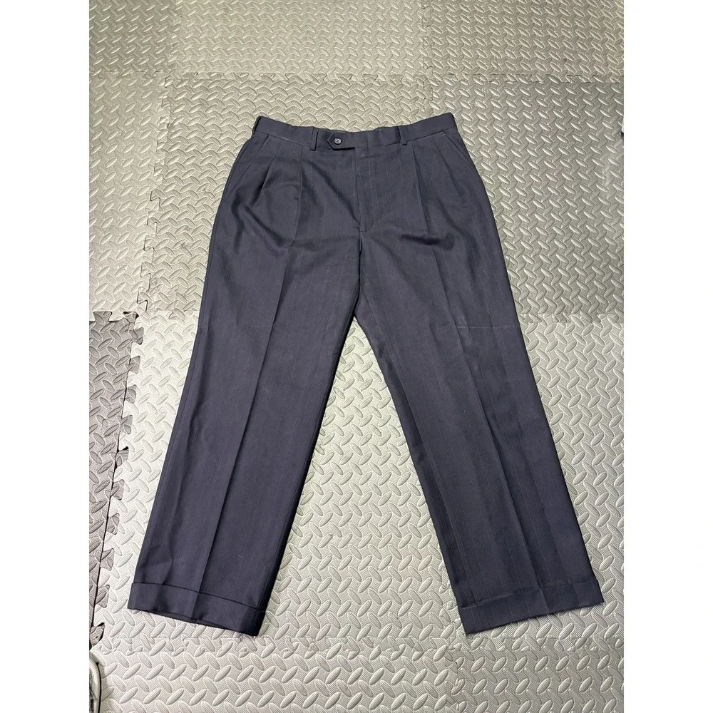 Vintage Burberrys Mens Dark Blue Striped Wool Suit Blazer 36x28 Pants